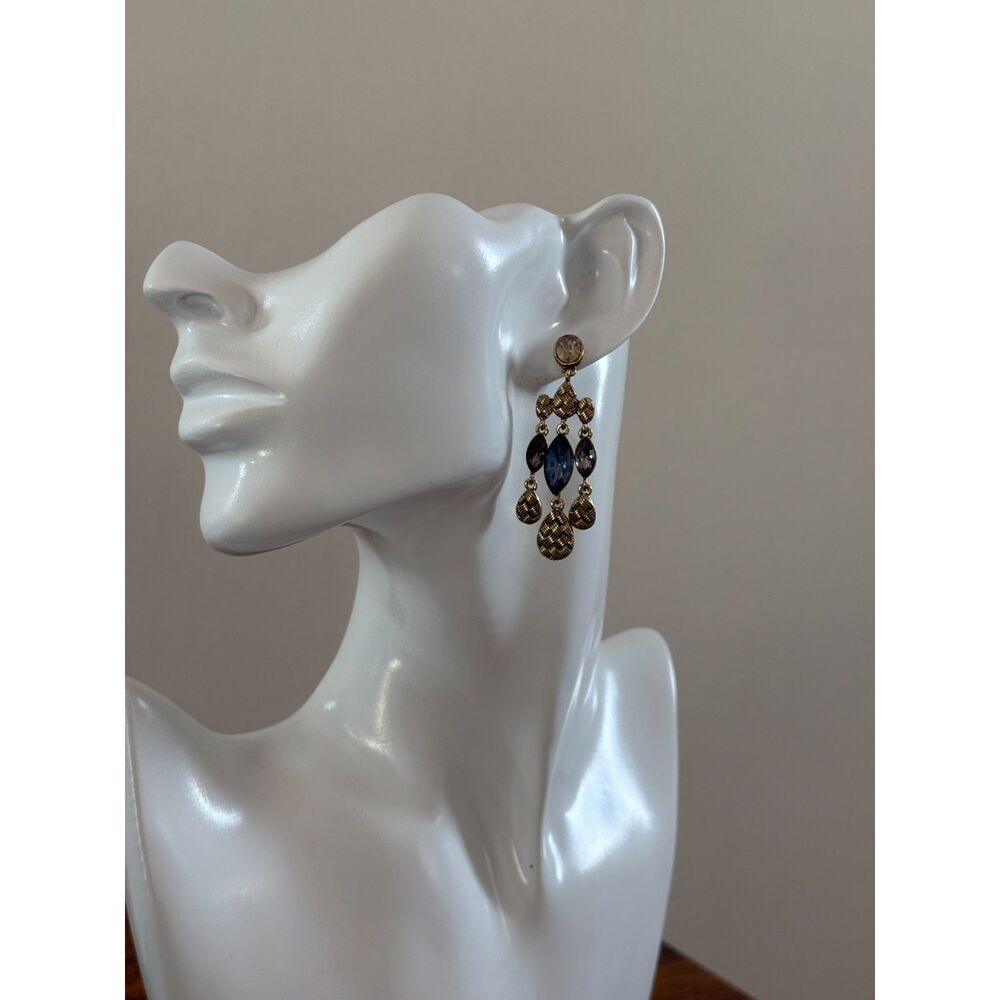 Gold Tones & Blue Rhinestone Chandelier Earrings NWT 2"
